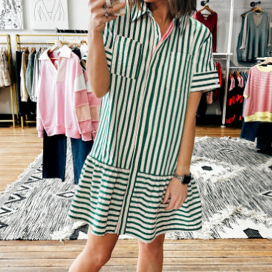 Lapel Short Sleeve Green Stripe Dress