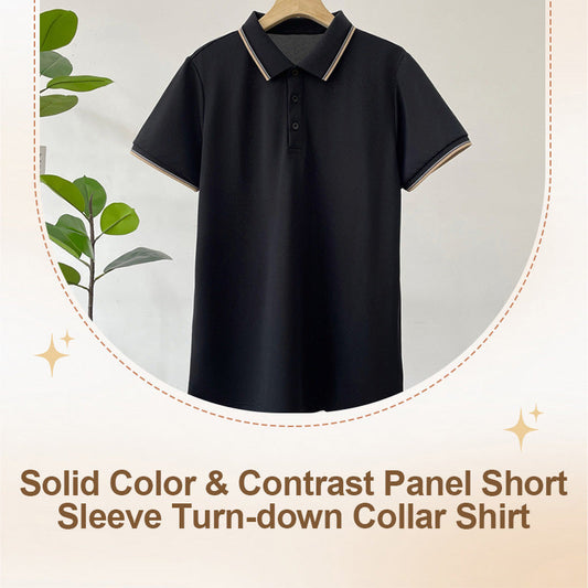 Solid Color & Contrast Panel Short Sleeve Turn-down Collar Shirt