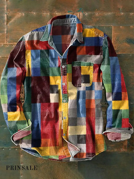 🔥Unisex Simple Rainbow Color Plaid Vintage Printed Lapel Long Sleeve Pocket Shirt - BUY 2 FREE SHIPPING