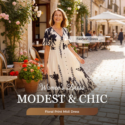 🎁New arrival 50% OFF💥Soft Botanical Print V-Neck Midi Dress – Elegant, Lightweight & All-Match
