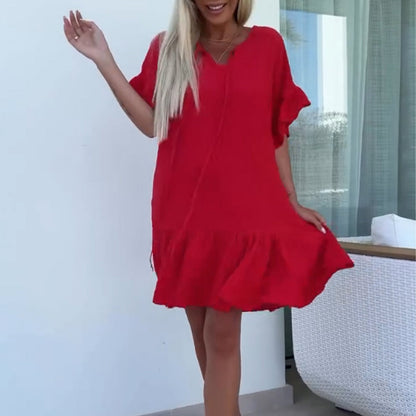 Women's Floral Trim Short Sleeve Solid Color Short Dresses