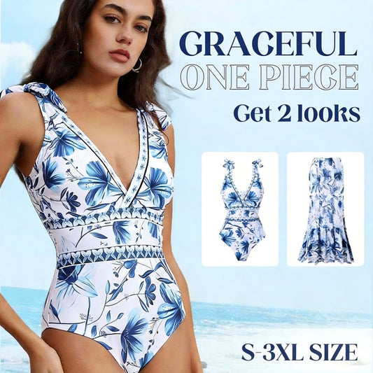 💃Last Day Special Sale 49% OFF🩱 V Neck Lace Up Printed One Piece Swimsuit and Skirt
