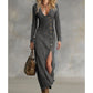 🐋New arrival 60% OFF!🥰Women's Long Sleeve V-Neck Maxi Dress – Soft Fabric, Bodycon Fit & Elegant High Slit👗